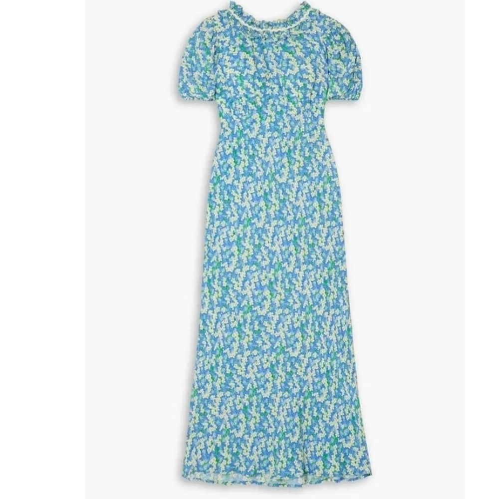 Rixo Deia Floral-Print Voile Midi Dress Blue Easter Spring Dress Size Small